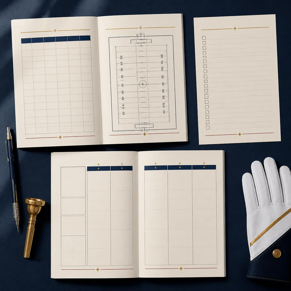 Interior pages of the marching band and color guard planner showing a field drill grid, weekly rehearsal spread and checklist