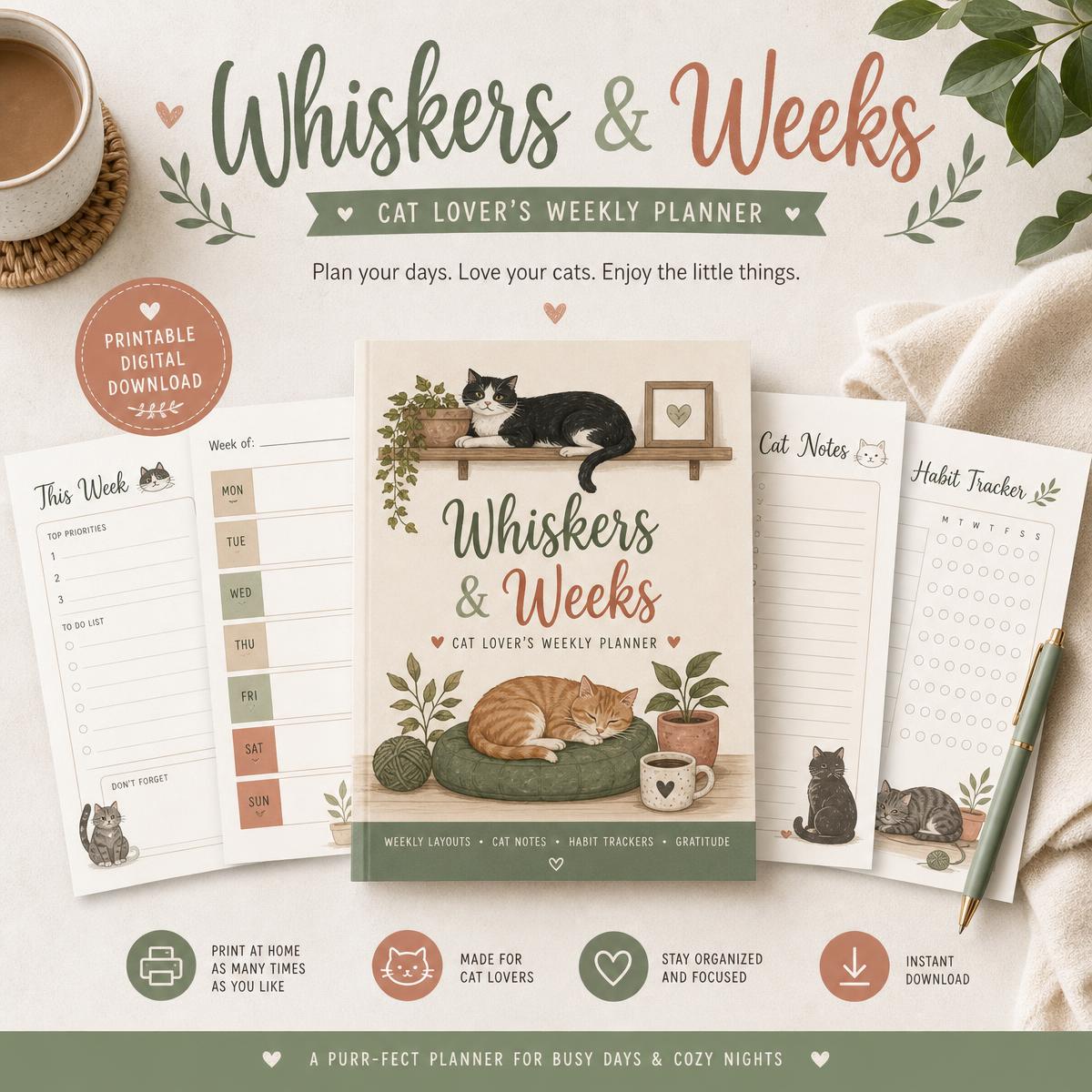 Whiskers and Weeks cat lover's printable weekly planner cover