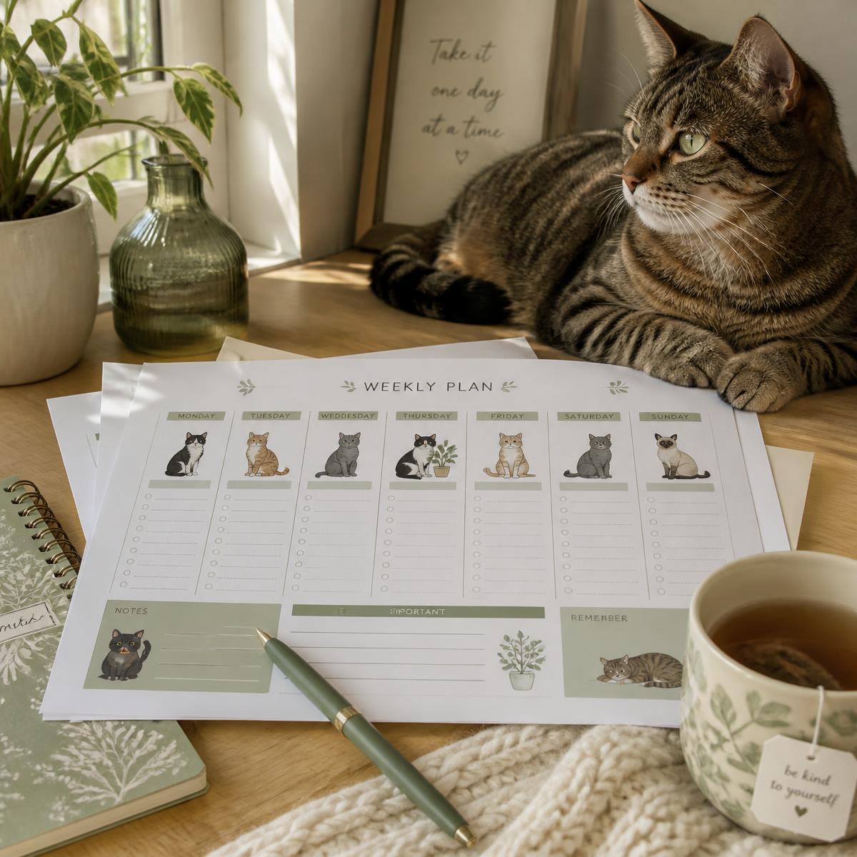 Printed cat weekly planner page on a desk beside a tabby cat