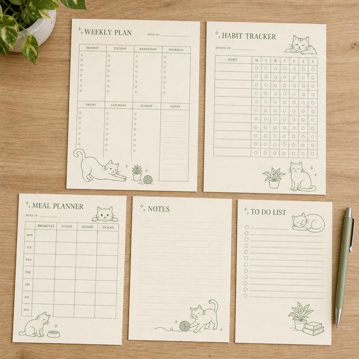 Printable planner interior pages: weekly plan, habit tracker, meal planner, notes, to-do list