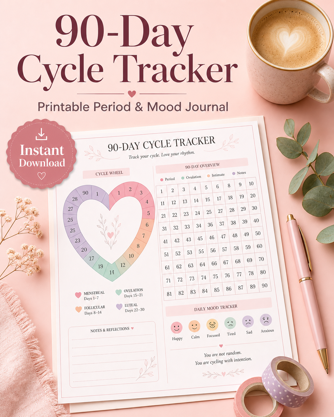 90 day PRINTABLE Menstral Calendar