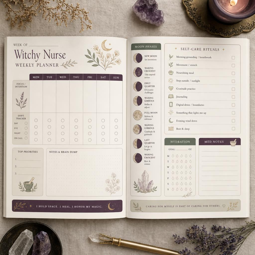 Interior weekly spread with shift tracker and moon phases