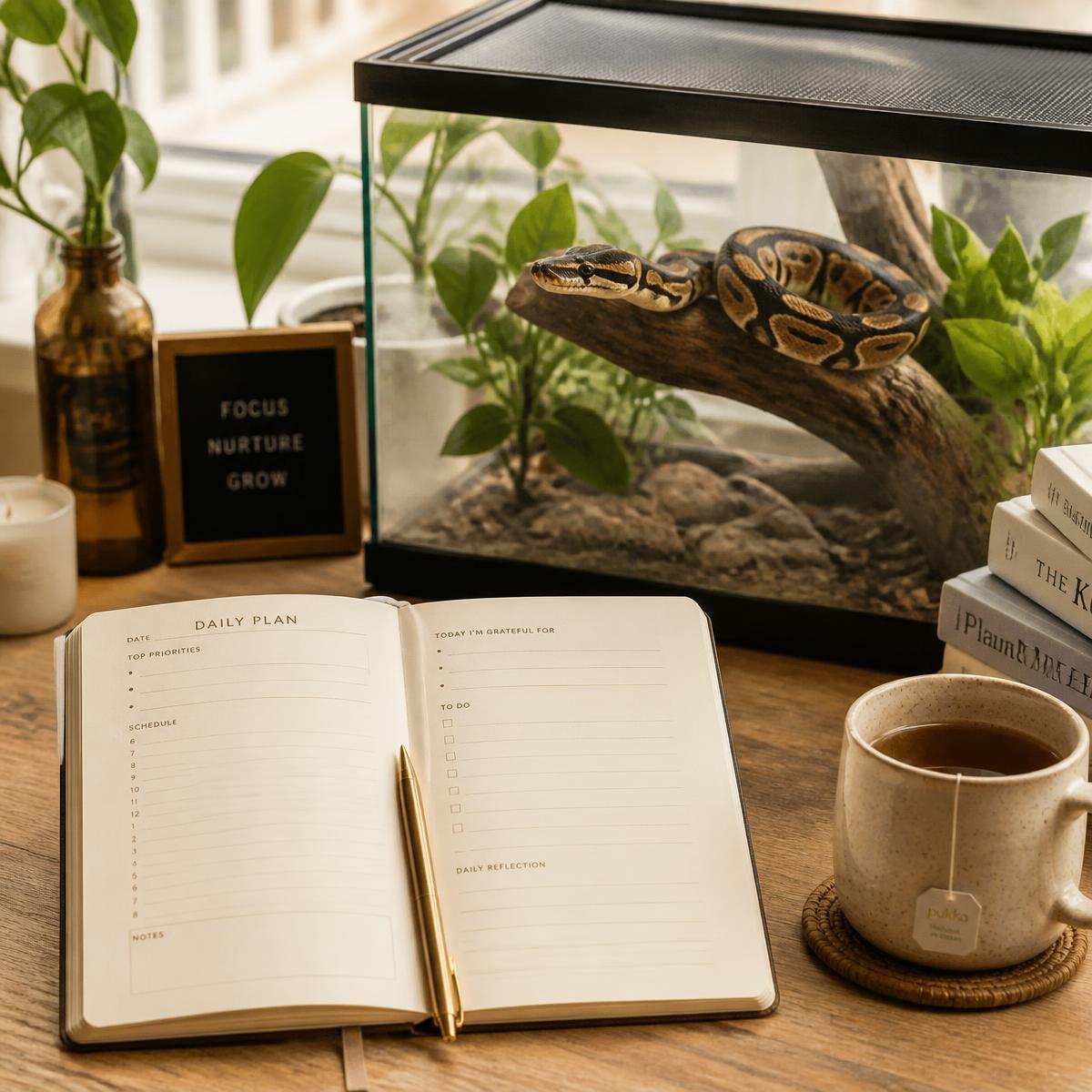 Printed daily planner on a desk beside a ball python terrarium