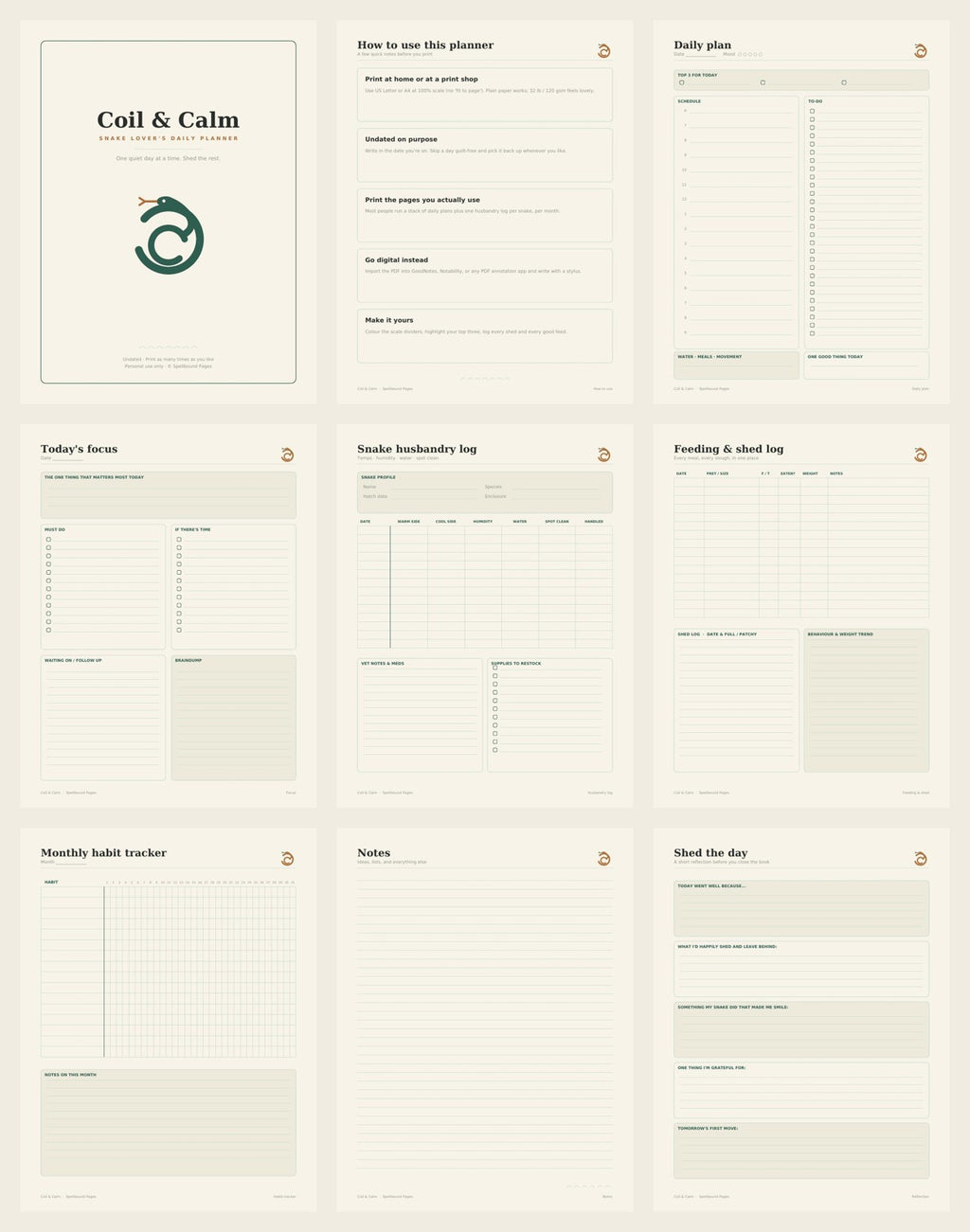 All nine printable planner pages