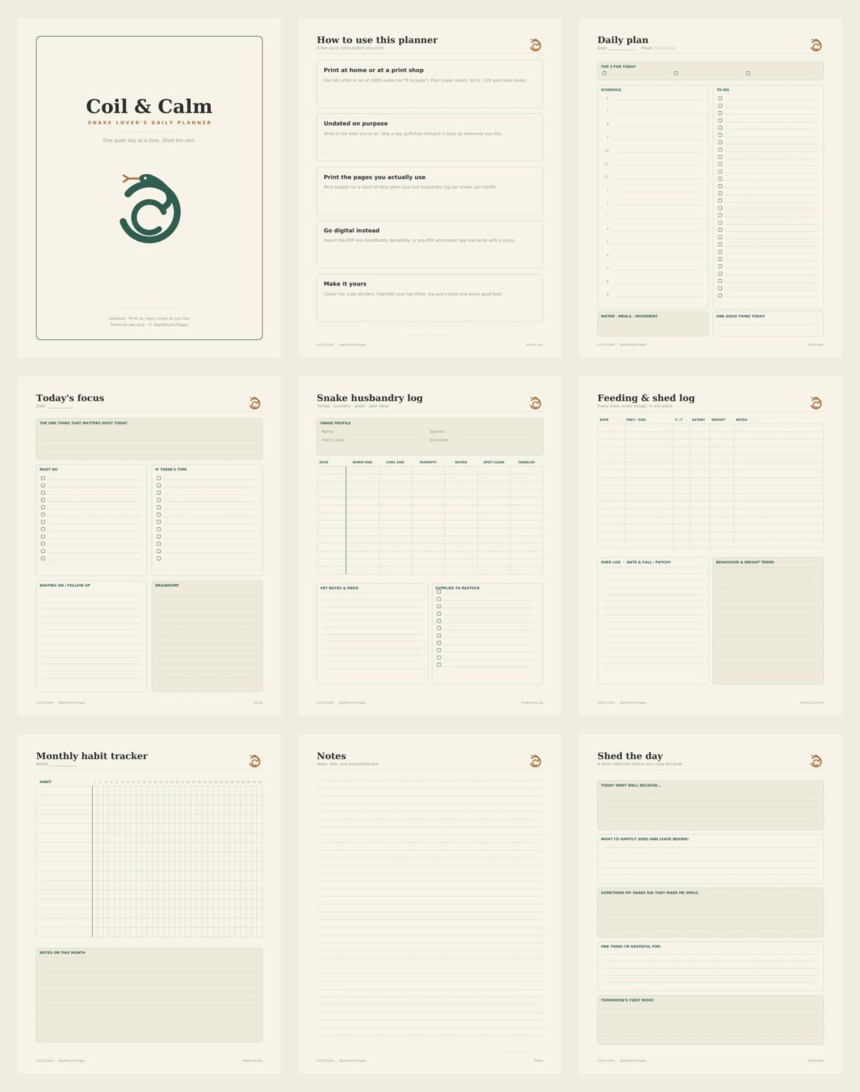 All nine printable planner pages
